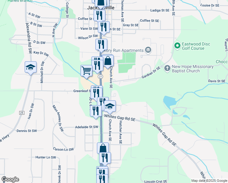 map of restaurants, bars, coffee shops, grocery stores, and more near 223 Belmont Circle Southeast in Jacksonville