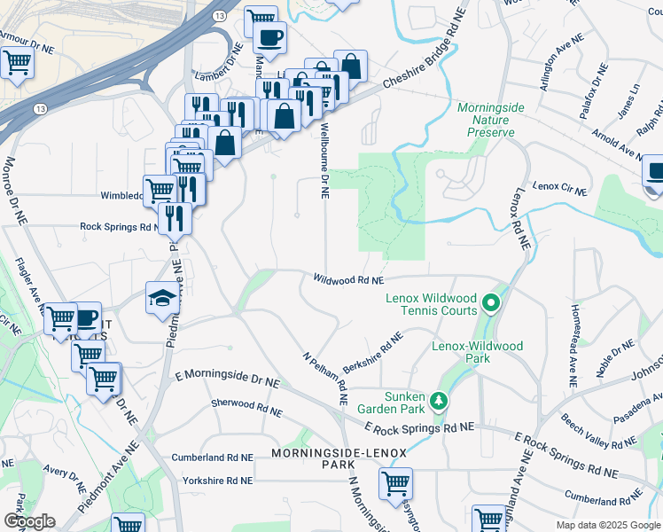 map of restaurants, bars, coffee shops, grocery stores, and more near 1801 Wellbourne Drive Northeast in Atlanta