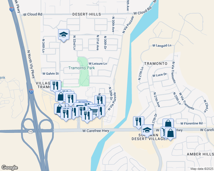 map of restaurants, bars, coffee shops, grocery stores, and more near 3009 West Vía De Pedro Miguel in Phoenix