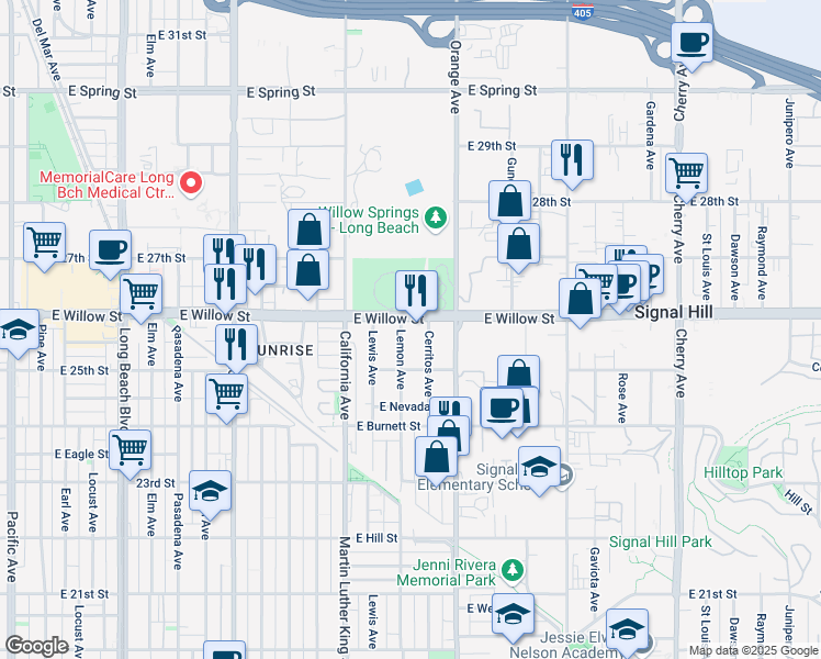 map of restaurants, bars, coffee shops, grocery stores, and more near 1138 East Willow Street in Signal Hill