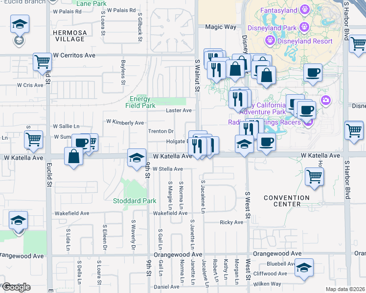map of restaurants, bars, coffee shops, grocery stores, and more near 1767 South Heather Lane in Anaheim