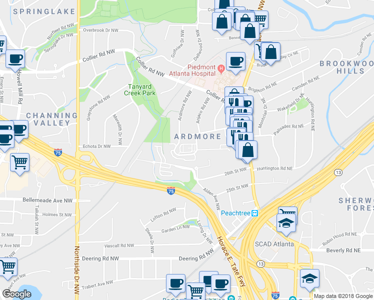 map of restaurants, bars, coffee shops, grocery stores, and more near 362 Ardmore Court Northwest in Atlanta