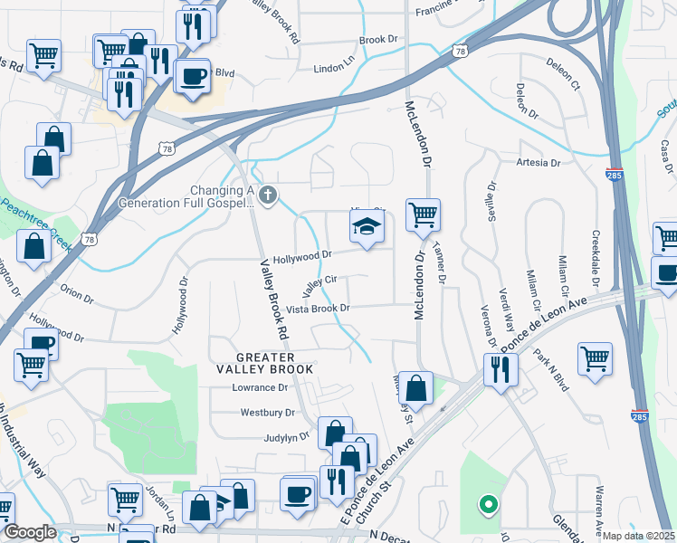 map of restaurants, bars, coffee shops, grocery stores, and more near 3078 Valley Circle in Decatur