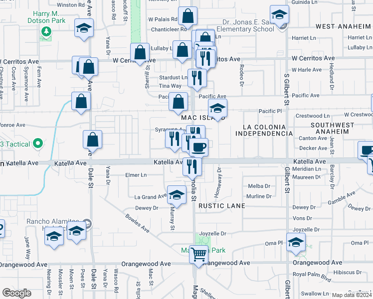 map of restaurants, bars, coffee shops, grocery stores, and more near 10901 Magnolia Avenue in Anaheim