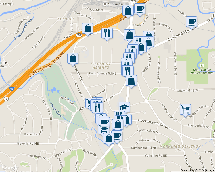 map of restaurants, bars, coffee shops, grocery stores, and more near 549 Allen Rd NE in Atlanta