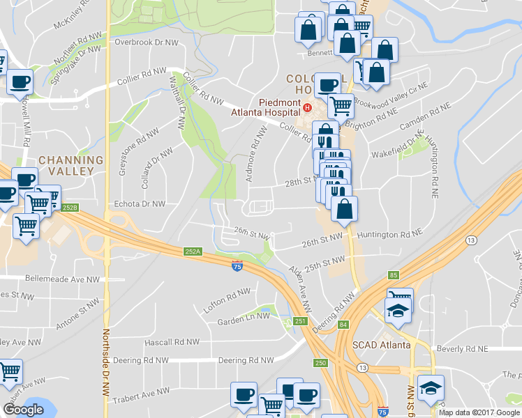 map of restaurants, bars, coffee shops, grocery stores, and more near 364 Ardmore Court Northwest in Atlanta