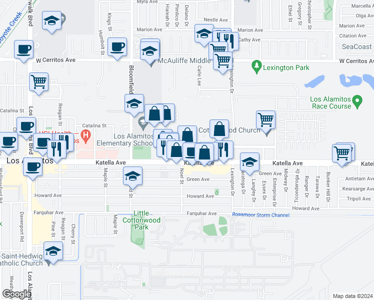 map of restaurants, bars, coffee shops, grocery stores, and more near 4281 Katella Avenue in Los Alamitos