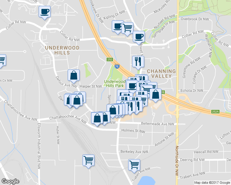 map of restaurants, bars, coffee shops, grocery stores, and more near 1789 Ridgeway Avenue Northwest in Atlanta