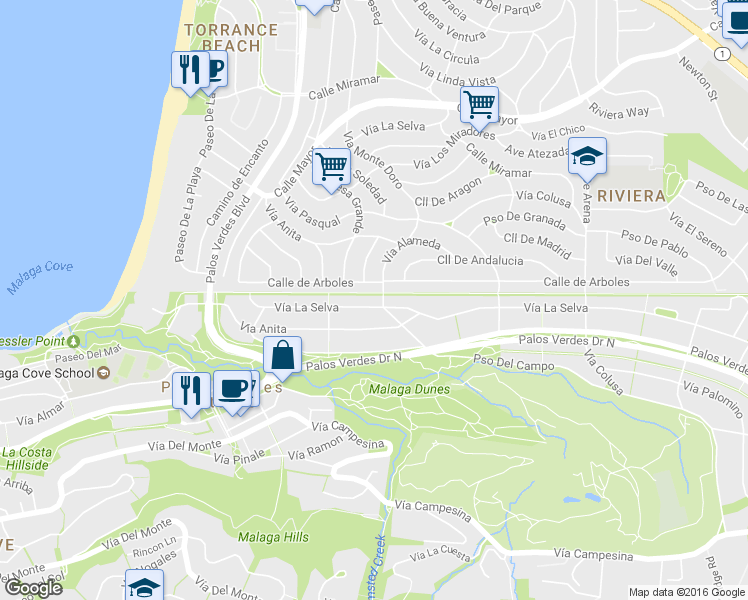map of restaurants, bars, coffee shops, grocery stores, and more near 2737 Vía La Selva in Palos Verdes Estates
