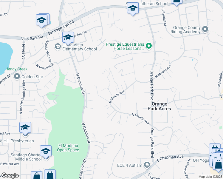 map of restaurants, bars, coffee shops, grocery stores, and more near 10911 North Meads Avenue in Orange