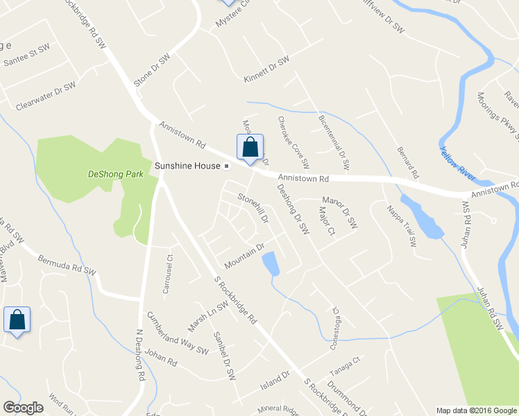 map of restaurants, bars, coffee shops, grocery stores, and more near 390 Stonehill Drive in Stone Mountain