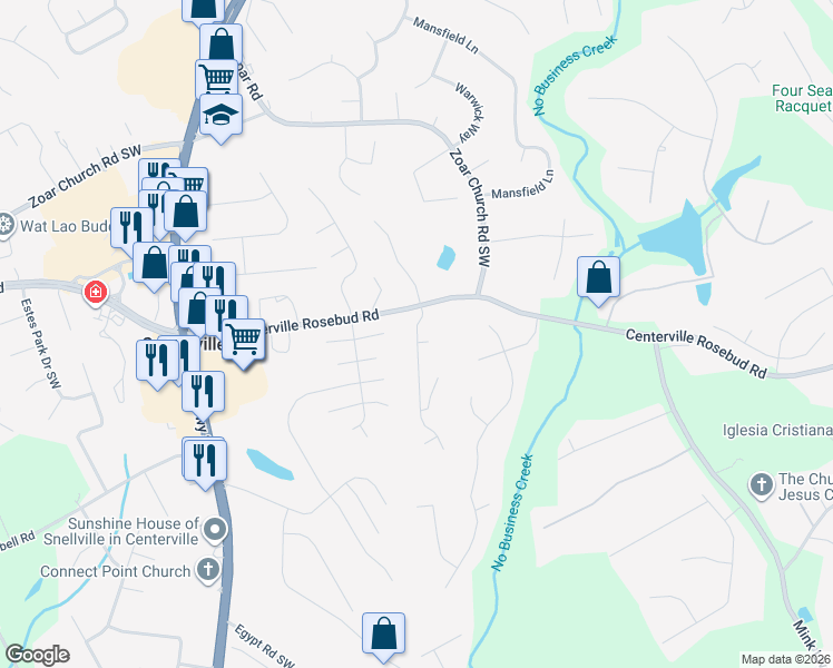 map of restaurants, bars, coffee shops, grocery stores, and more near 3641 Spring Creek Circle in Snellville