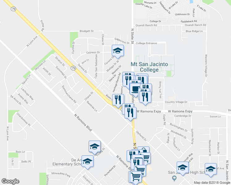map of restaurants, bars, coffee shops, grocery stores, and more near 1292 Discovery Drive in San Jacinto