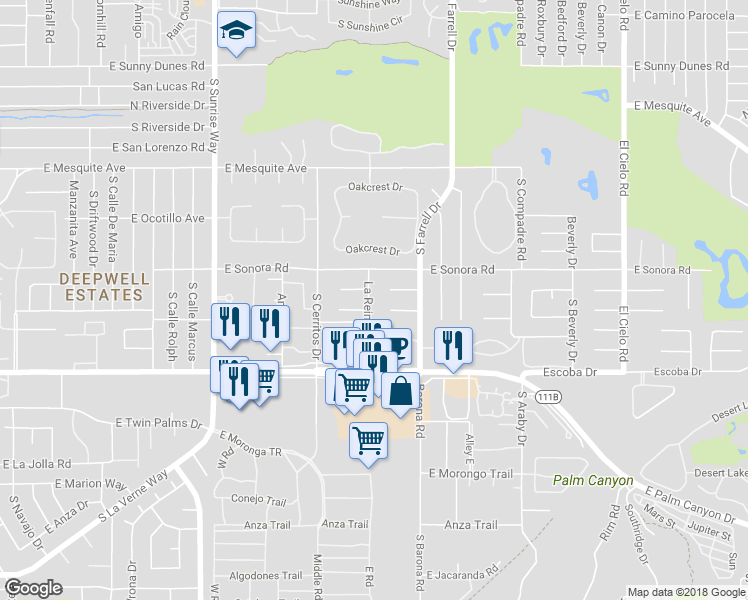 map of restaurants, bars, coffee shops, grocery stores, and more near 1516 La Reina Way in Palm Springs