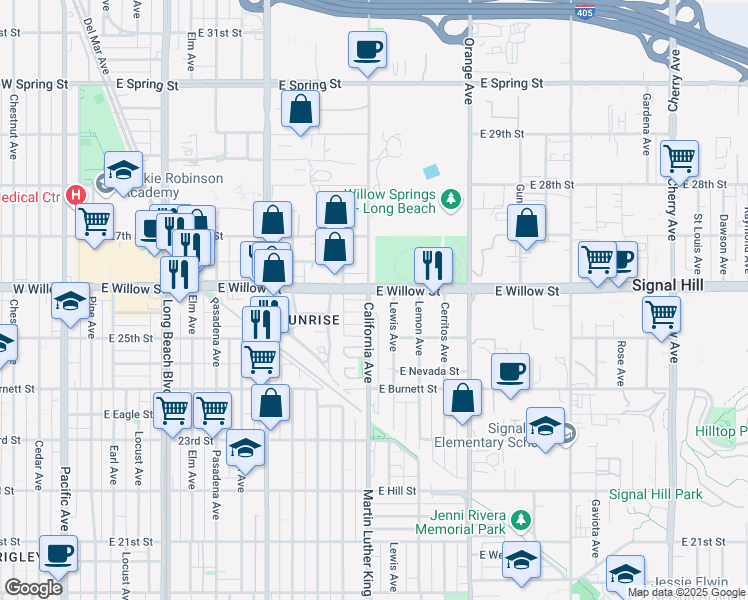 map of restaurants, bars, coffee shops, grocery stores, and more near 1000 East Willow Street in Signal Hill