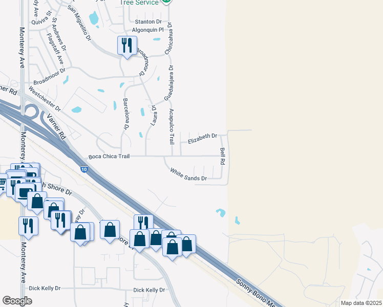 map of restaurants, bars, coffee shops, grocery stores, and more near 73810 Boca Chica Trail in Thousand Palms