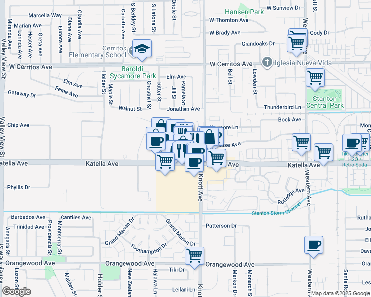 map of restaurants, bars, coffee shops, grocery stores, and more near 6875 Katella Avenue in Cypress