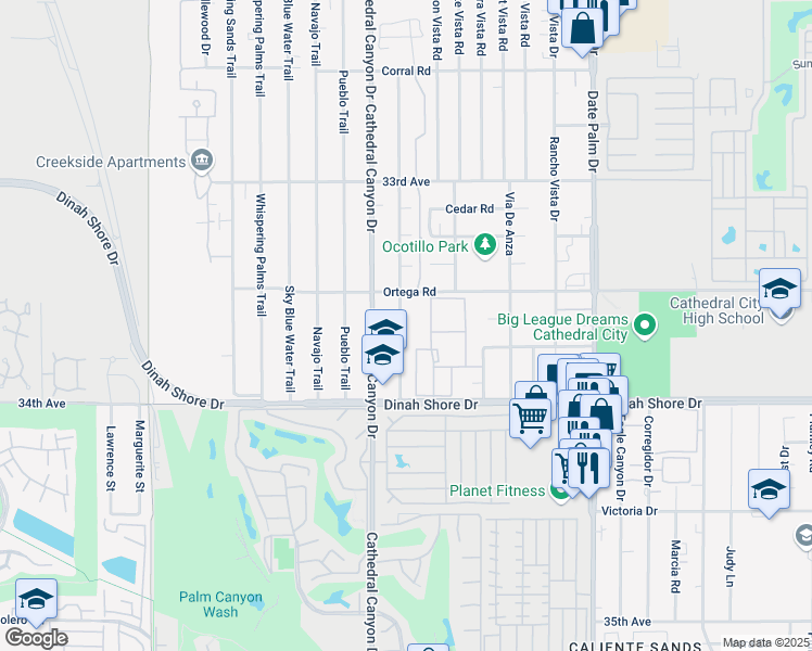 map of restaurants, bars, coffee shops, grocery stores, and more near 33610 Wishing Well Trail in Cathedral City