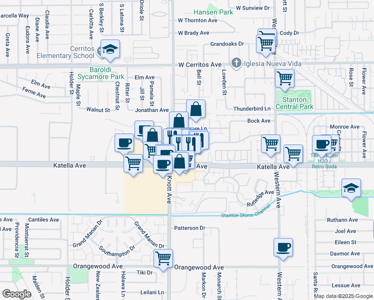 map of restaurants, bars, coffee shops, grocery stores, and more near 7080 Syracuse Avenue in Stanton