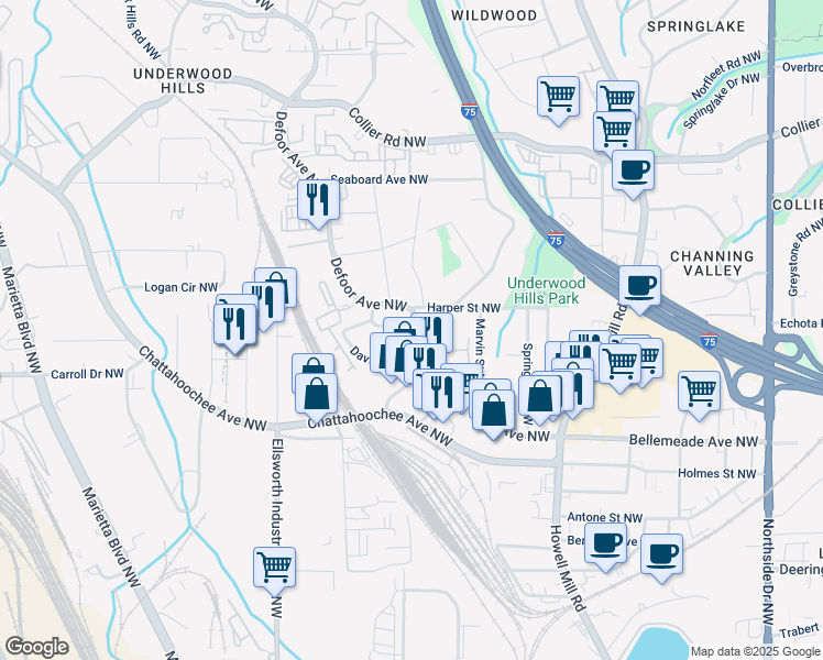 map of restaurants, bars, coffee shops, grocery stores, and more near 1776 Defoor Ave NW in Atlanta