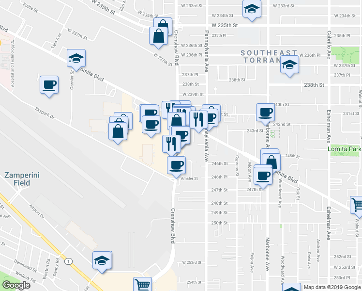 map of restaurants, bars, coffee shops, grocery stores, and more near 24406 Crenshaw Boulevard in Torrance