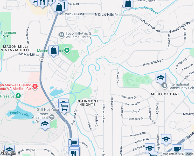 map of restaurants, bars, coffee shops, grocery stores, and more near 895 Heritage Place in Decatur