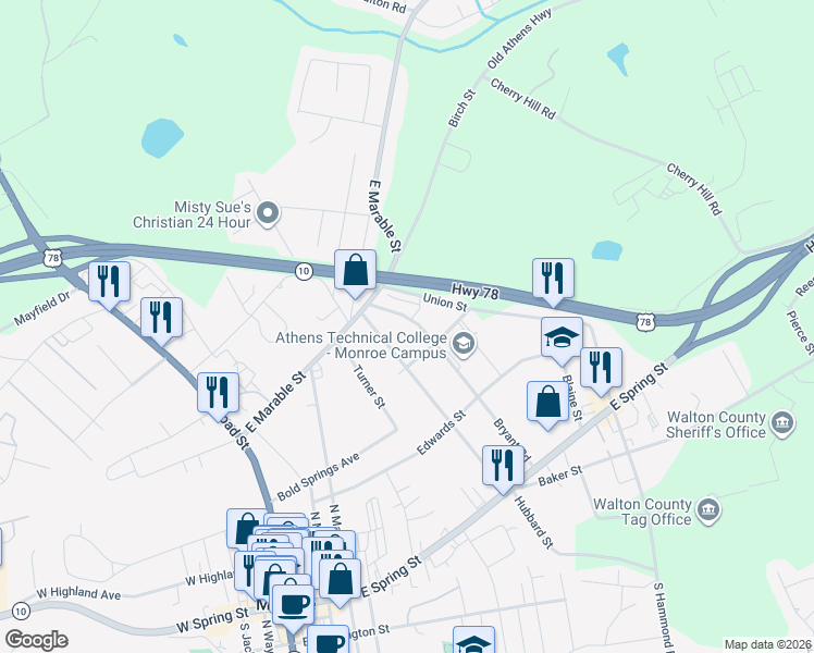 map of restaurants, bars, coffee shops, grocery stores, and more near 315 Bryant Road in Monroe