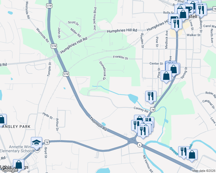 map of restaurants, bars, coffee shops, grocery stores, and more near 3045 Stonebrook Cove in Austell