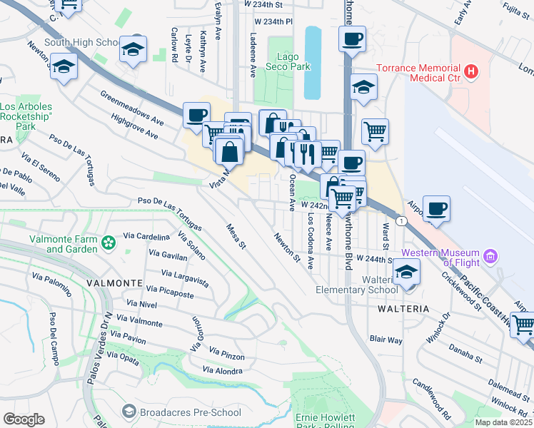 map of restaurants, bars, coffee shops, grocery stores, and more near 4063 Newton Street in Torrance