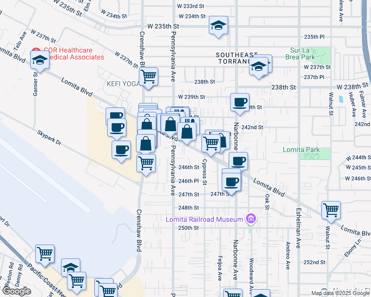 map of restaurants, bars, coffee shops, grocery stores, and more near 1/2 Lomita Boulevard in Lomita
