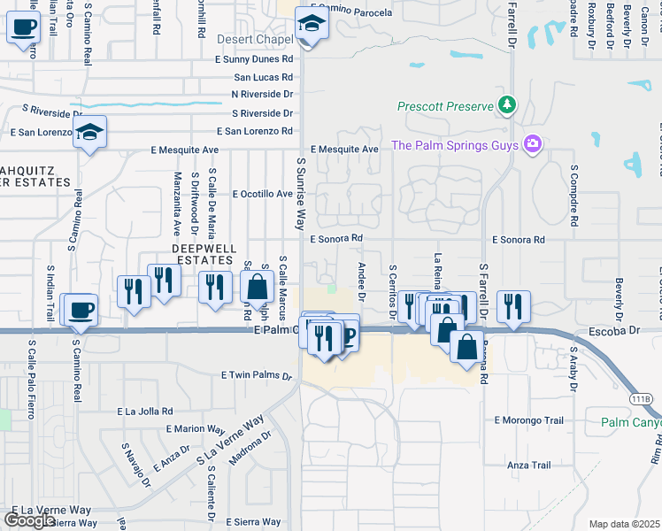 map of restaurants, bars, coffee shops, grocery stores, and more near 1730 Capri Circle in Palm Springs