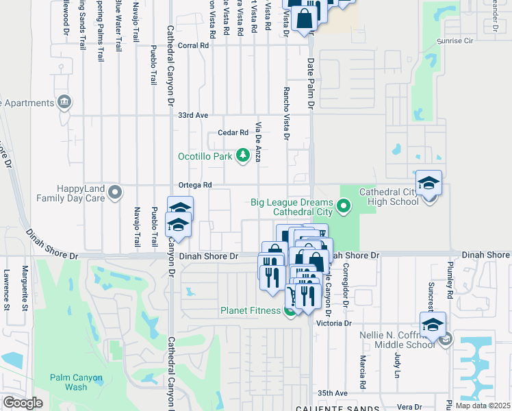 map of restaurants, bars, coffee shops, grocery stores, and more near 33665 Via De Anza in Cathedral City
