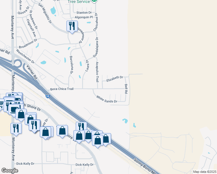 map of restaurants, bars, coffee shops, grocery stores, and more near 73810 Boca Chica Trail in Thousand Palms