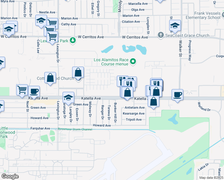map of restaurants, bars, coffee shops, grocery stores, and more near 4931 Katella Avenue in Los Alamitos