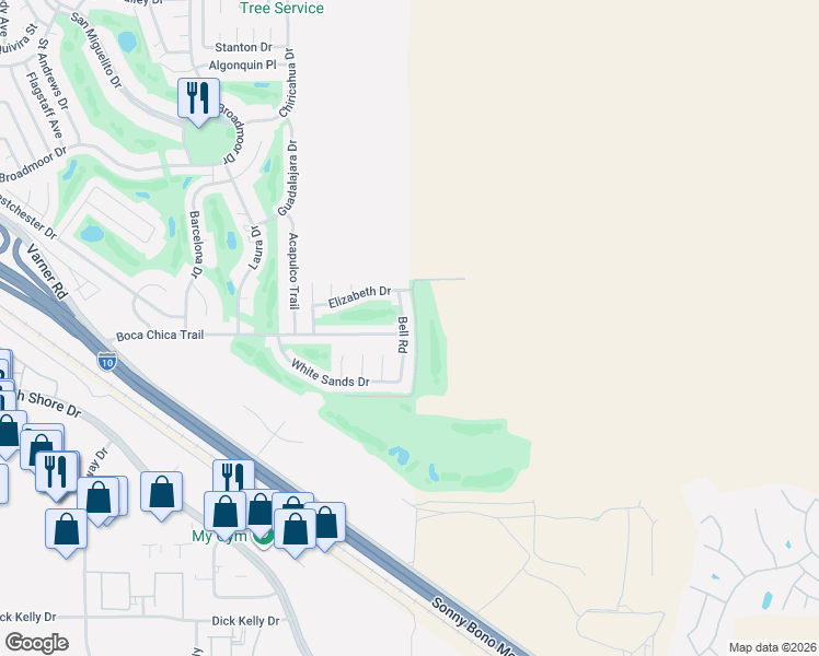 map of restaurants, bars, coffee shops, grocery stores, and more near 33721 Bell Road in Thousand Palms