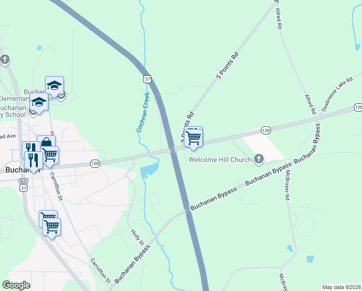 map of restaurants, bars, coffee shops, grocery stores, and more near 24 5 Points Road in Buchanan