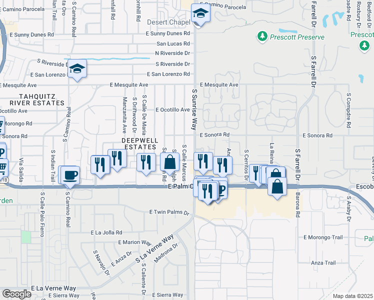 map of restaurants, bars, coffee shops, grocery stores, and more near 1524 South Cll Marcus in Palm Springs