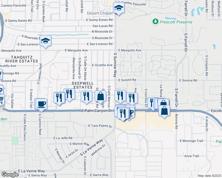 map of restaurants, bars, coffee shops, grocery stores, and more near 1524 South Cll Marcus in Palm Springs