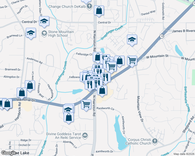 map of restaurants, bars, coffee shops, grocery stores, and more near 919 N Hairston Rd in Stone Mountain