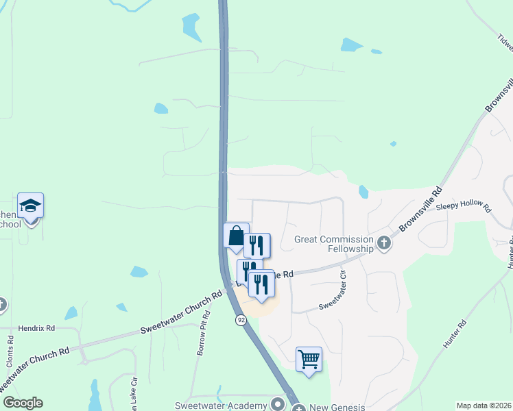 map of restaurants, bars, coffee shops, grocery stores, and more near 23 Sweetwater Lane in Powder Springs