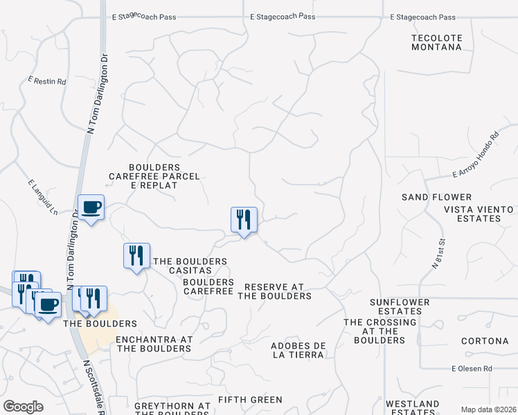 map of restaurants, bars, coffee shops, grocery stores, and more near 1607 North Quartz Valley Court in Scottsdale