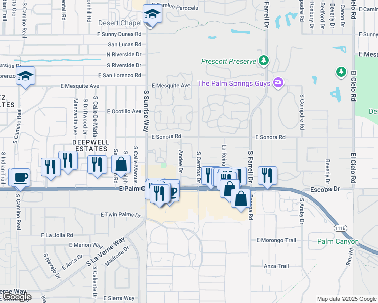 map of restaurants, bars, coffee shops, grocery stores, and more near 1463 Versailles Drive in Palm Springs