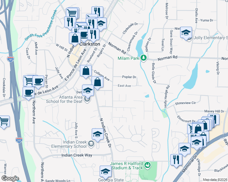 map of restaurants, bars, coffee shops, grocery stores, and more near 882 Market Way in Clarkston