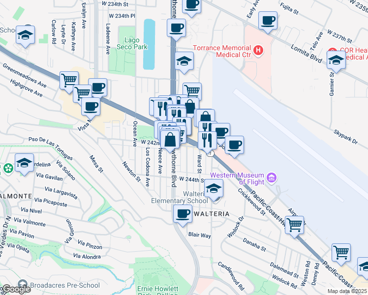map of restaurants, bars, coffee shops, grocery stores, and more near 3702 West 242nd Street in Torrance