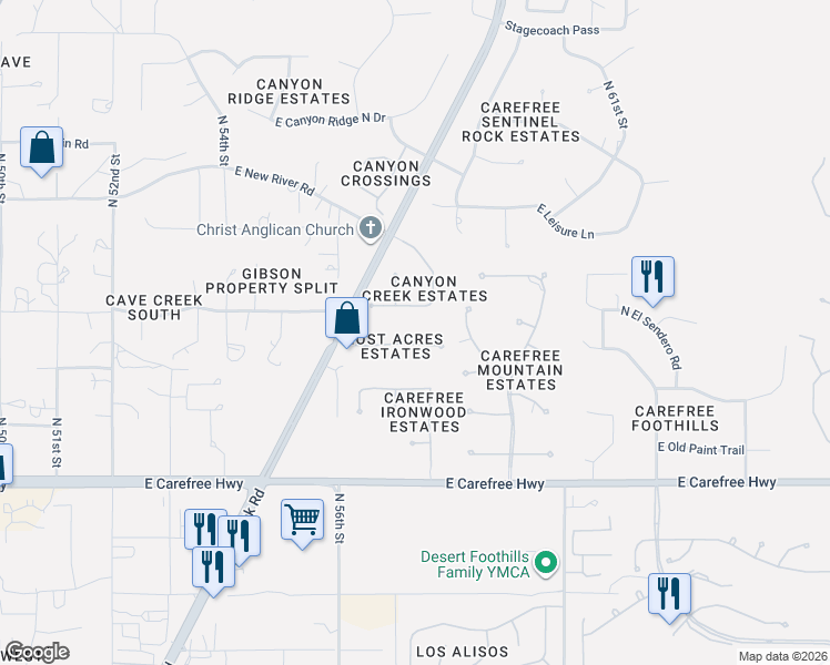 map of restaurants, bars, coffee shops, grocery stores, and more near 5718 East Perdido Drive in Cave Creek