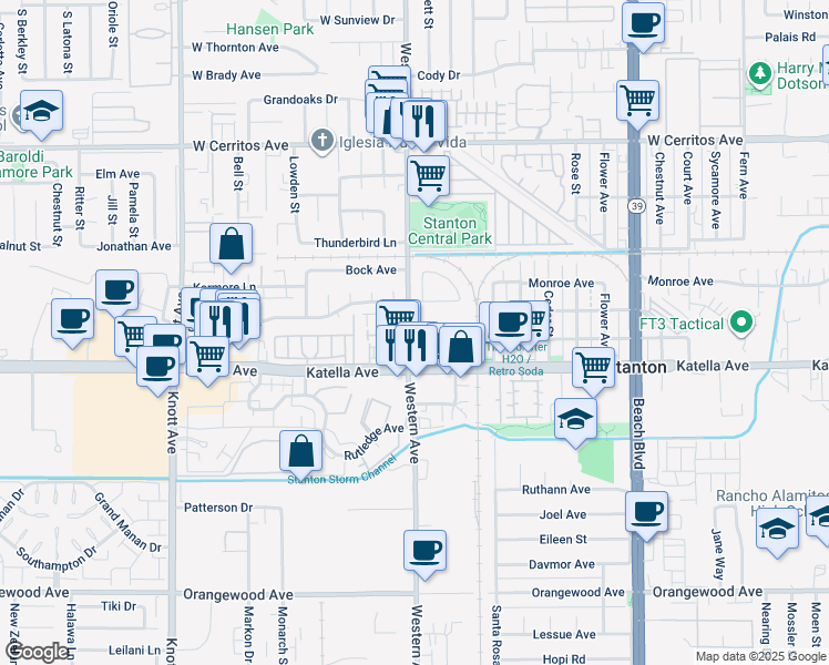 map of restaurants, bars, coffee shops, grocery stores, and more near 7545 Katella Avenue in Stanton