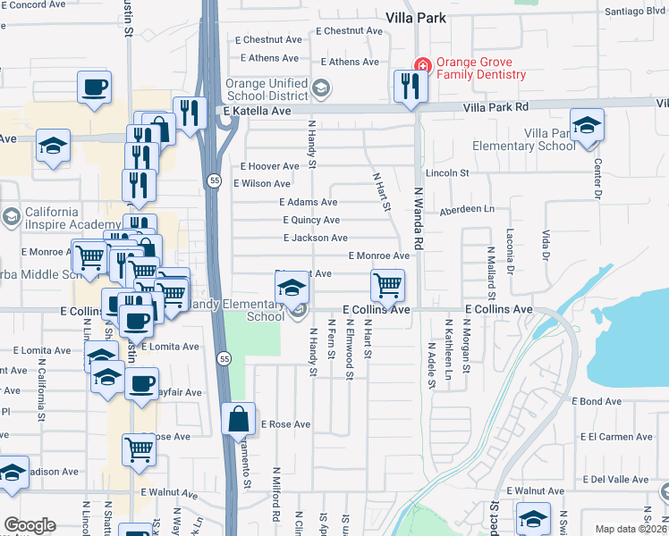 map of restaurants, bars, coffee shops, grocery stores, and more near 2543 East Locust Avenue in Orange