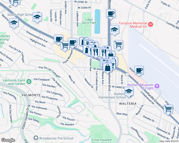 map of restaurants, bars, coffee shops, grocery stores, and more near 24211 Ocean Avenue in Torrance