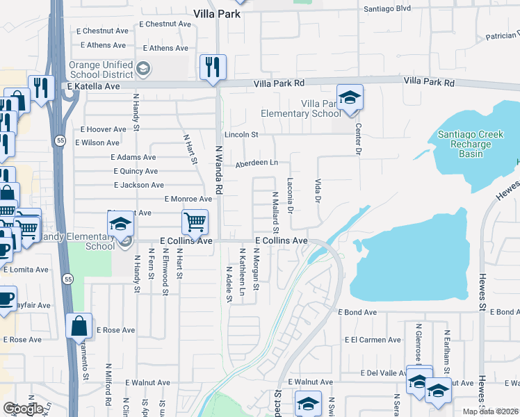 map of restaurants, bars, coffee shops, grocery stores, and more near 3132 East Locust Avenue in Orange