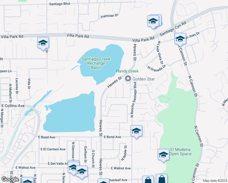 map of restaurants, bars, coffee shops, grocery stores, and more near 1002 North Sonora Circle in Orange